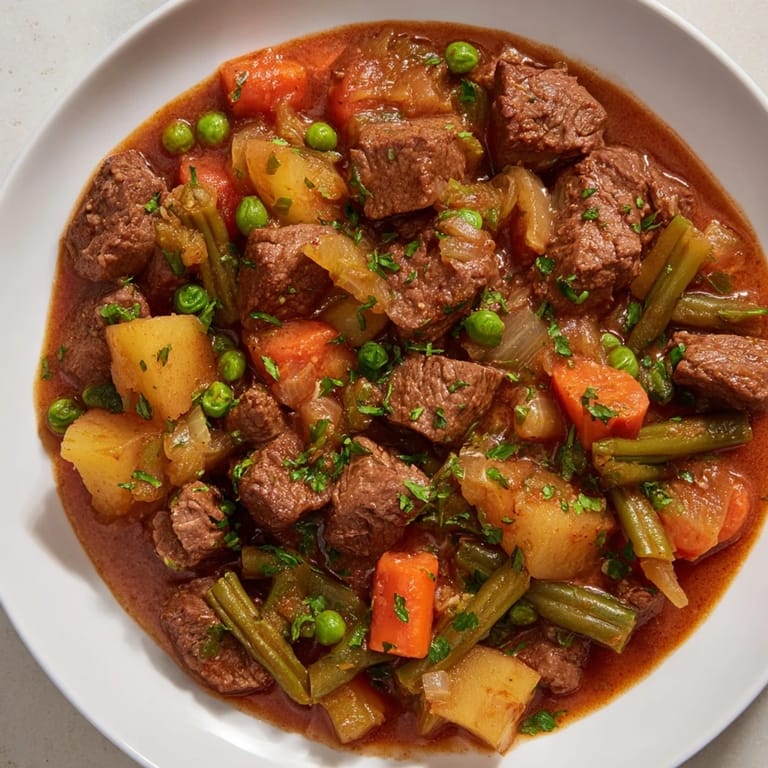 This pressure cooker Beef and Vegetable Stew shows tender beef pieces with vibrant vegetables.