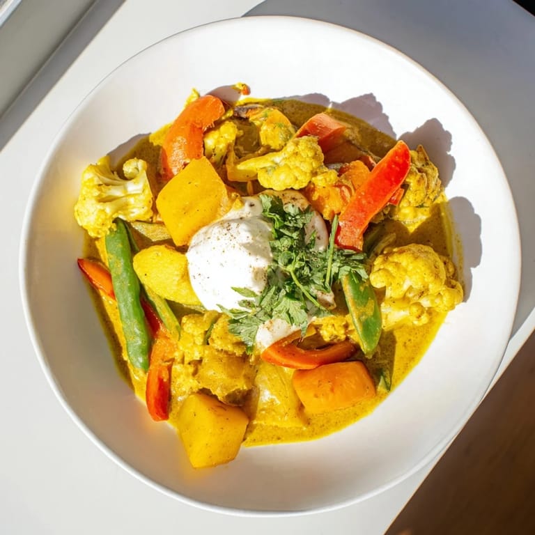 Enjoy this hearty Waste-Free Vegetarian Curry, served with vibrant, fresh cilantro and fluffy rice.