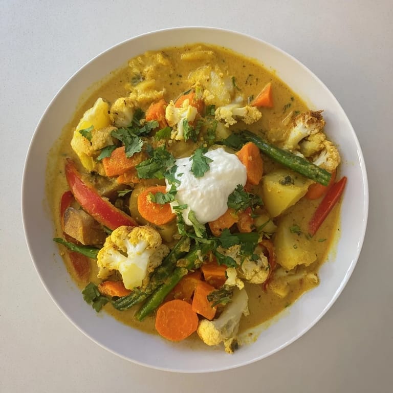 Steaming hot Waste-Free Vegetarian Curry, a perfectly balanced blend of vegetables and Indian spices.