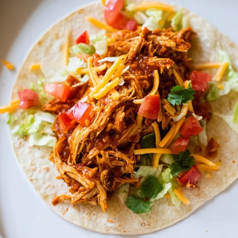 The slow cooker shredded chicken tacos are shown, piled high with cheese and fresh cilantro.