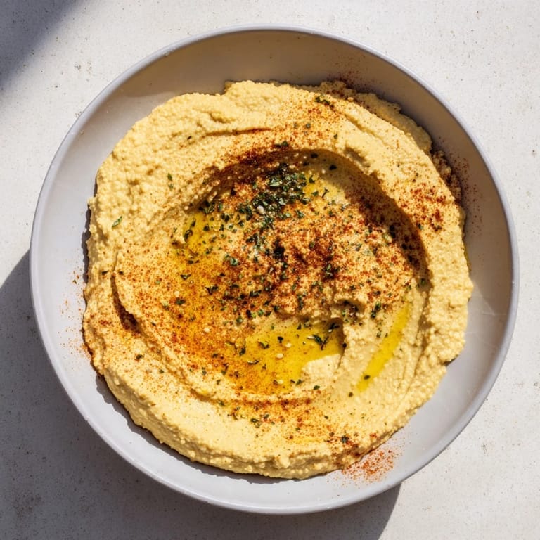 A bowl of vibrant Perfect 5-Minute Homemade Hummus, garnished with paprika before serving with vegetables.