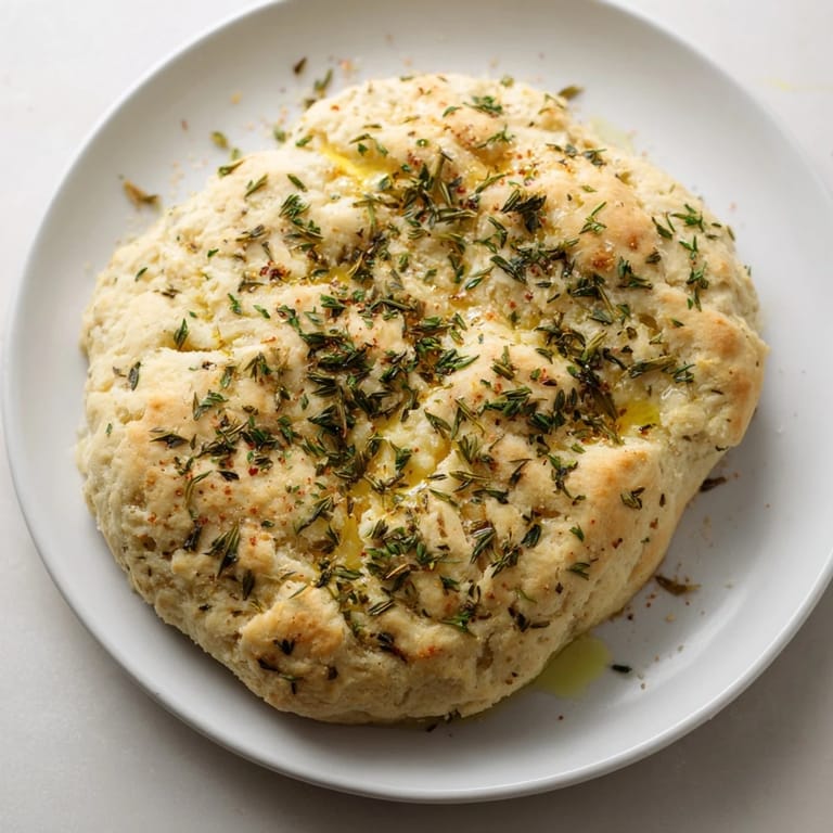 Freshly baked Yeast-Free Garlic and Rosemary Bannock Bread, perfect with soup, smelling of garlic and herbs.