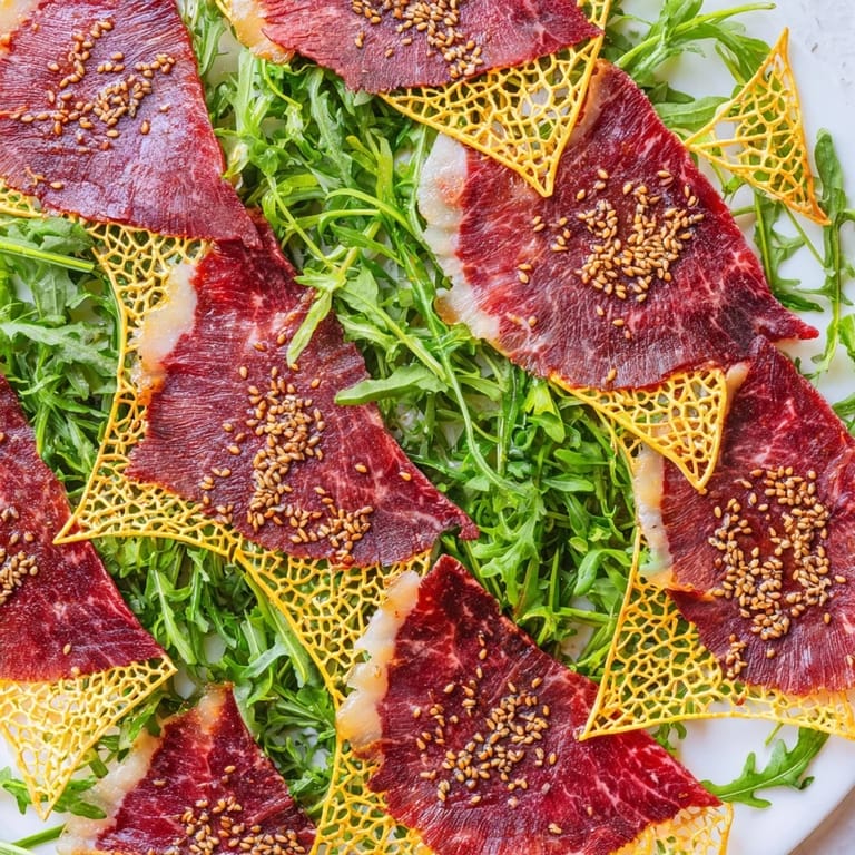 A close-up reveals intricate folds of the Origami Fold Beef Appetizer, glistening with marinade and sesame seeds.