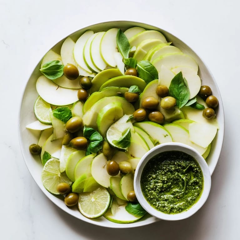 Prepare The Emerald City snack board: a stunning appetizer with crisp apples, pesto, and green olives ready to savor.