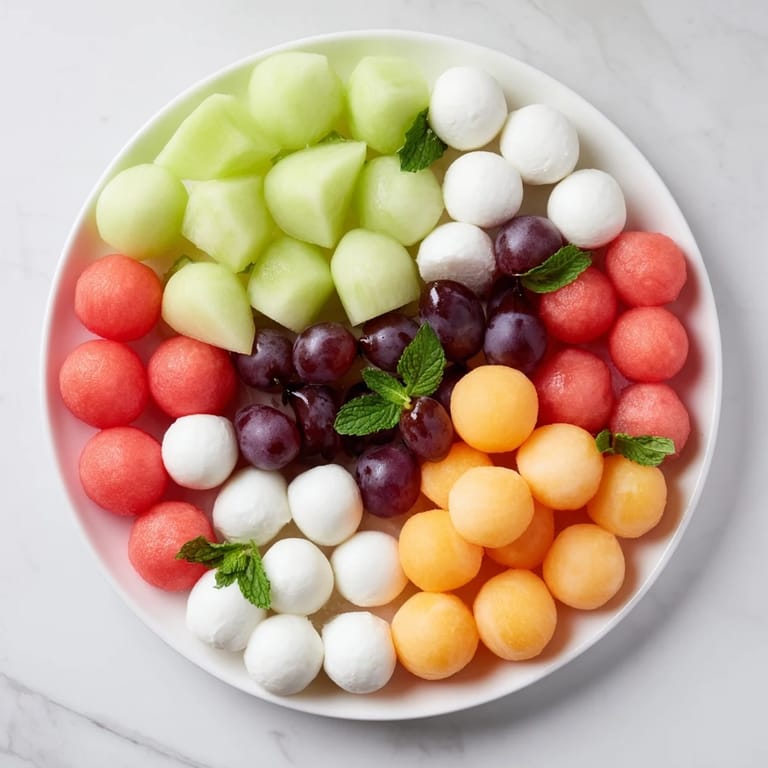 A colorful polka dot platter, with mozzarella, melon balls & olive spheres, perfect for your party.