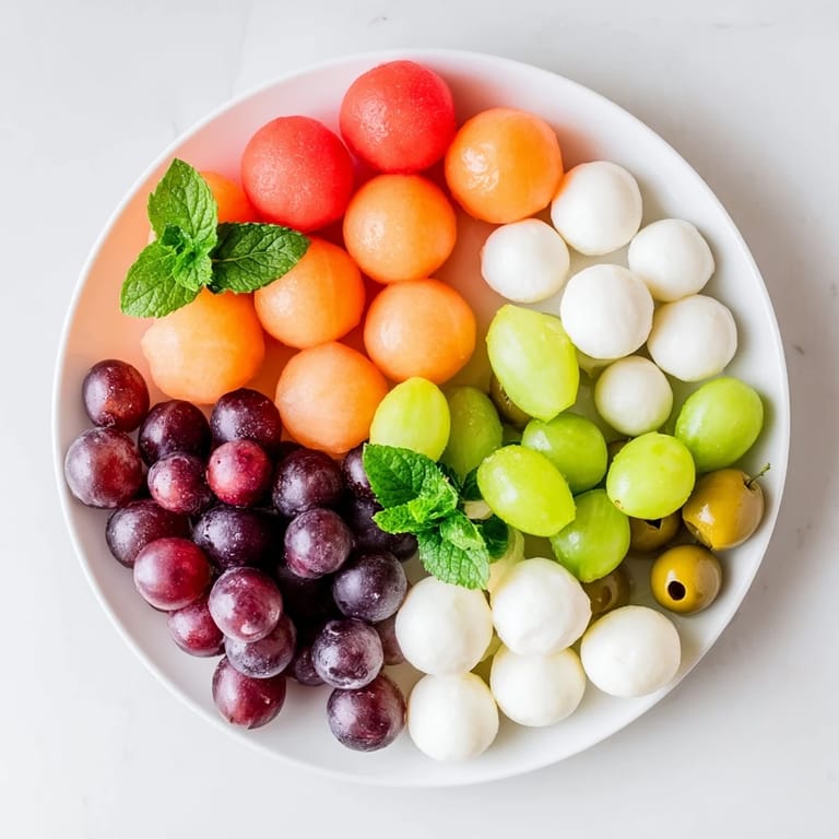 This refreshing polka dot platter showcases melon, grapes, and cheese balls, ideal for a summer snack.