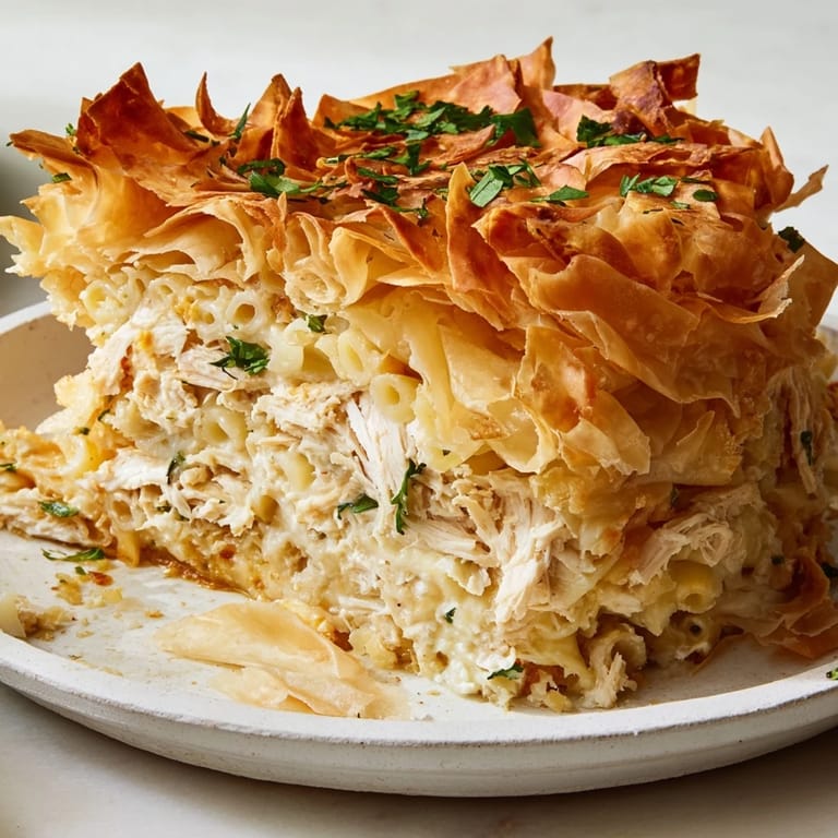 A delicious, steaming portion of Chicken and Pasta Crinkle Cake shows off its flaky layers and cheesy topping.