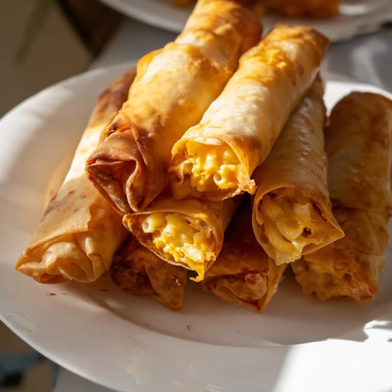 Close-up of bubbling, cheesy mac and cheese spilling out of a perfectly fried Tinis Lumpia roll.