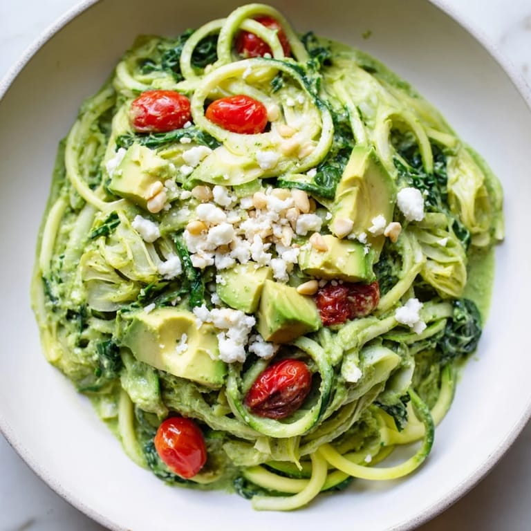 A visually appealing bowl of Green Goddess Zoodle Pasta, topped with crumbled feta cheese and toasted pine nuts.