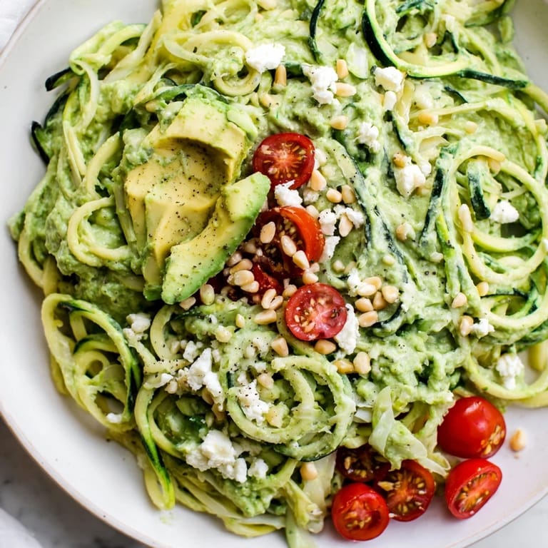 Freshly tossed Green Goddess Zoodle Pasta, a healthy and delightful medley of zucchini and flavorful sauce.