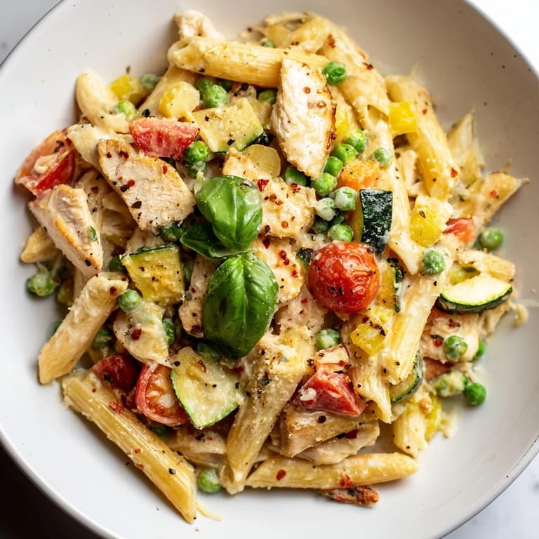 Warm, appetizing The Last Bite Chicken Pasta boasts tender chicken and colorful vegetables, ready to eat.