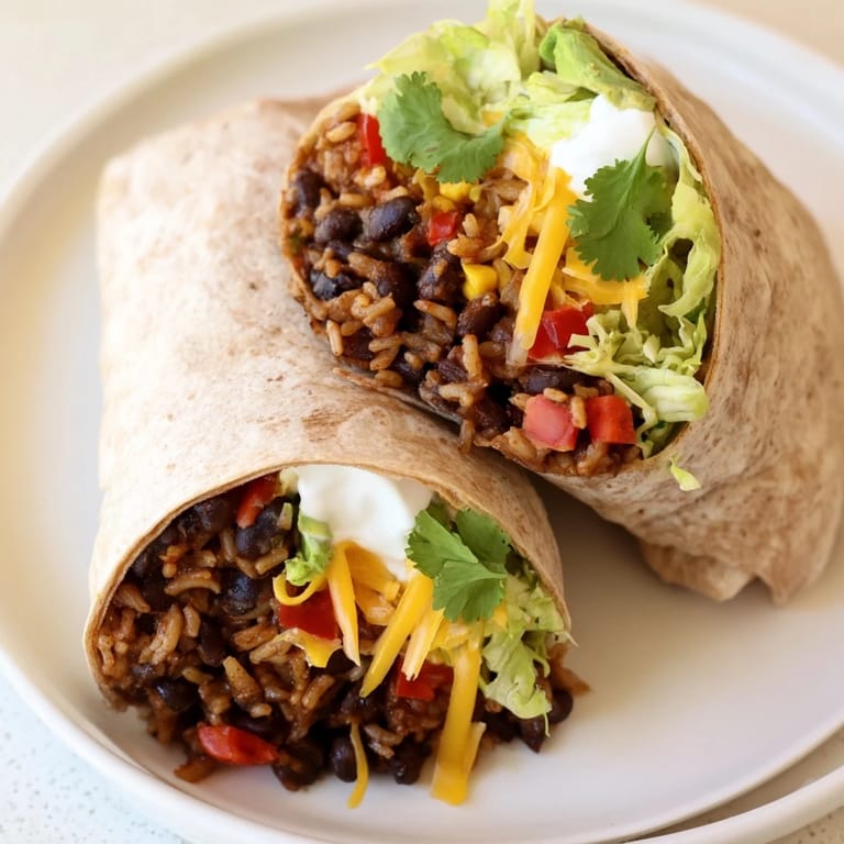 Close-up of a delicious and hearty Smoky Black Bean Burrito, loaded with fresh toppings, ready to eat!