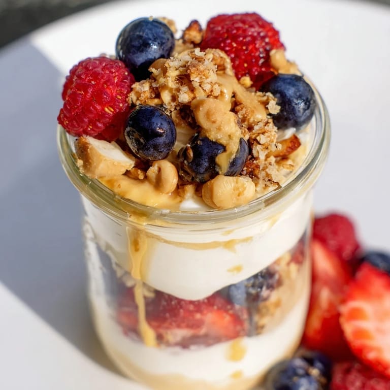 A beautiful Cashew Butter Yogurt Parfait: see layers of vibrant berries and crunchy granola.