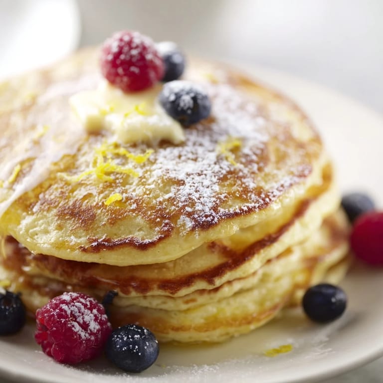 Stack of delectable Lemon Ricotta Pancakes ready to be enjoyed with fresh berries and breakfast.