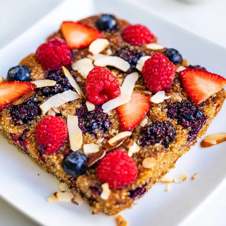 Golden-baked Berry Quinoa Breakfast Bake with a medley of colorful berries and a cinnamon aroma.