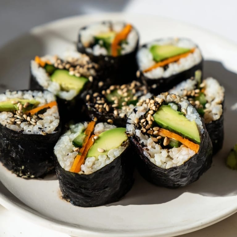 Enjoy these beautiful Avocado Cucumber Sushi rolls—a healthy, delicious vegan appetizer or snack idea!