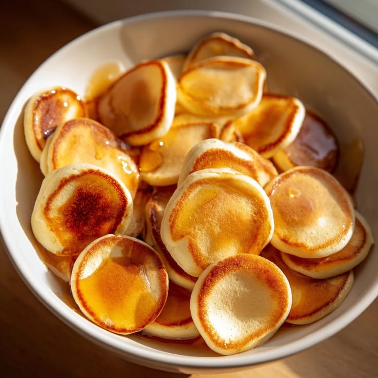 Mini Fluffy Pancake Cereal, drizzled with maple syrup, offers a sweet, satisfying brunch treat.