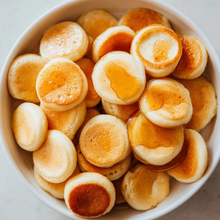 A bowl piled high with tiny Fluffy Pancake Cereal, ready to be enjoyed with cold milk.