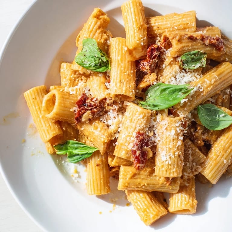 Close-up, showcasing the creamy texture and delicious sun-dried tomatoes in the pasta.