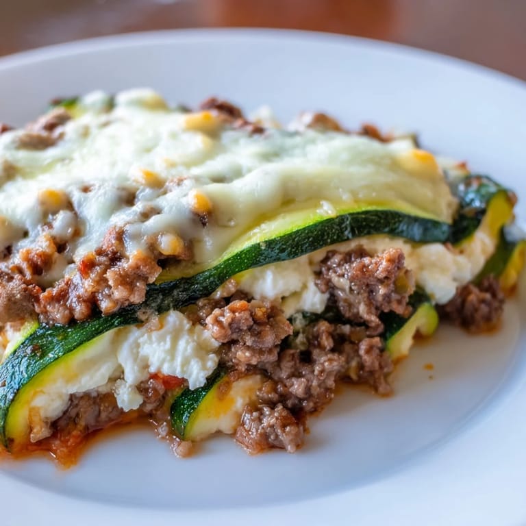 Layered zucchini lasagna skillet, showcasing melted mozzarella over a hearty mix of beef and tomatoes.