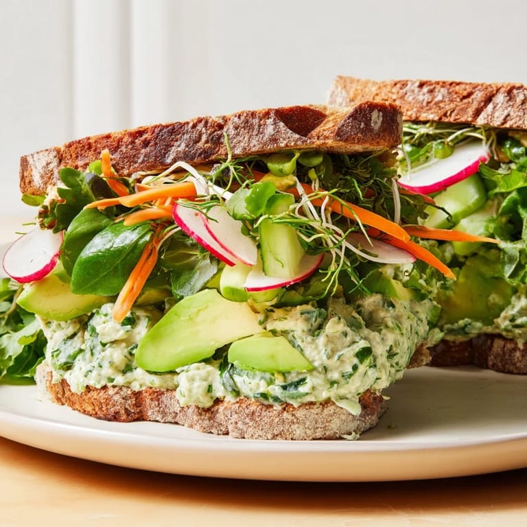 Close-up of a loaded Green Goddess sandwich, highlighting the textures of fresh ingredients inside.
