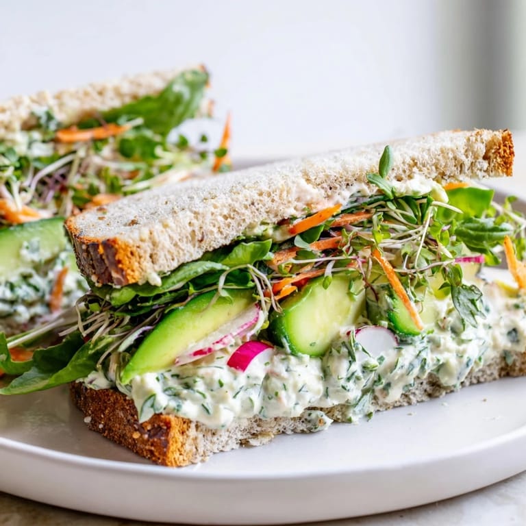 Hearty sourdough halves filled with a rich Green Goddess sandwich, perfect for a fresh lunch.