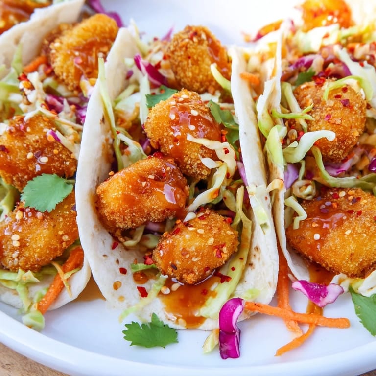 Close-up of Hot Honey Chicken Tacos: golden chicken, drizzled honey, and fresh slaw, ready to eat.