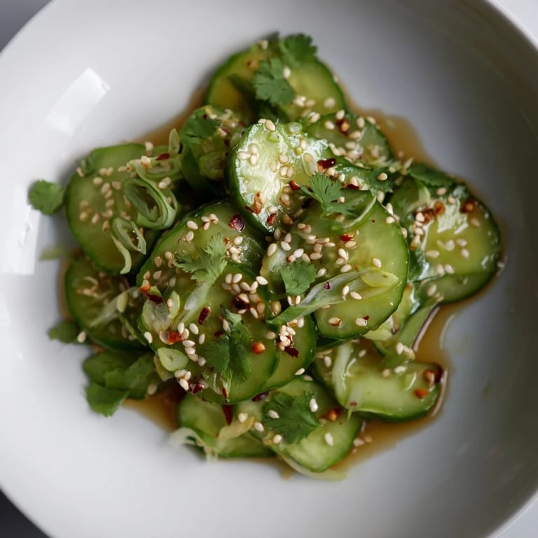 Up-close shot of a bowl brimming with refreshing Zesty Cucumber Salad, garnished with sesame seeds and cilantro.