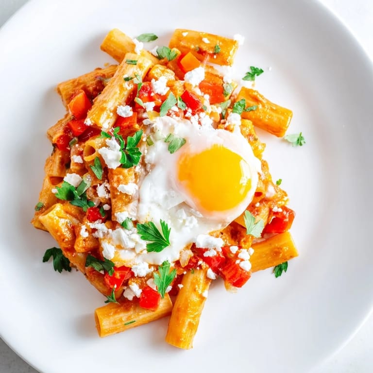 This hearty Quick Shakshuka Pasta features bubbly sauce, a runny yolk, and a satisfying pasta texture.