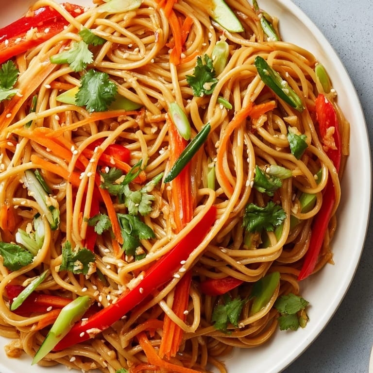 Tossed and vibrant, this garlic noodle salad features crisp vegetables and a savory soy sauce dressing.
