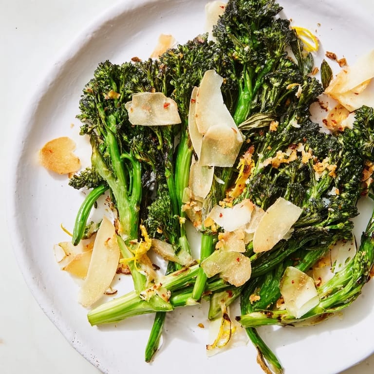 Air-fried charred broccolini salad, perfectly crisp and tossed with lemon and tasty garlic.