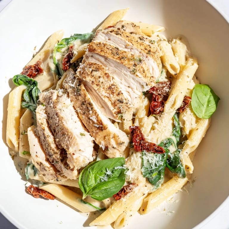 This creamy, flavorful, and tempting Creamy Tuscan Chicken Pasta features hearty pasta and savory chicken.