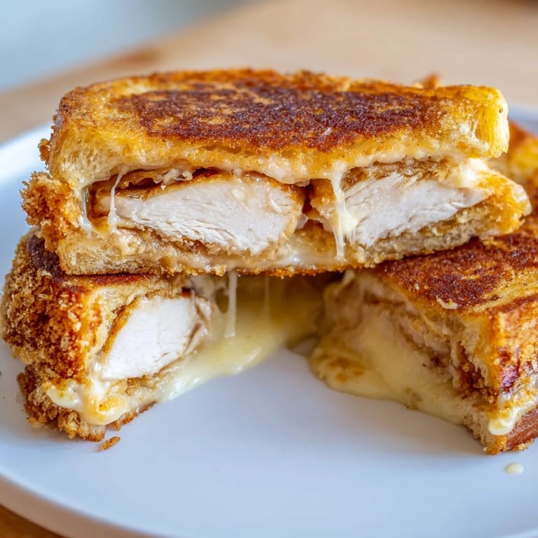 A close-up view of a perfectly grilled and stacked Crispy Parmesan Chicken Thighs Grilled Cheese sandwich.