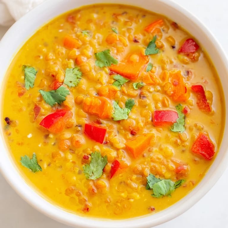 This easy vegan Lentil Red Curry Soup shows off a rich red color and creamy texture.