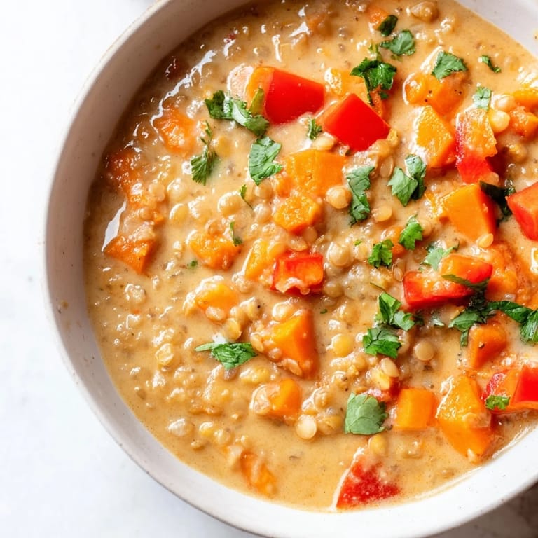 Cozy and flavorful: a photograph of hearty Lentil Red Curry Soup, ready to enjoy.