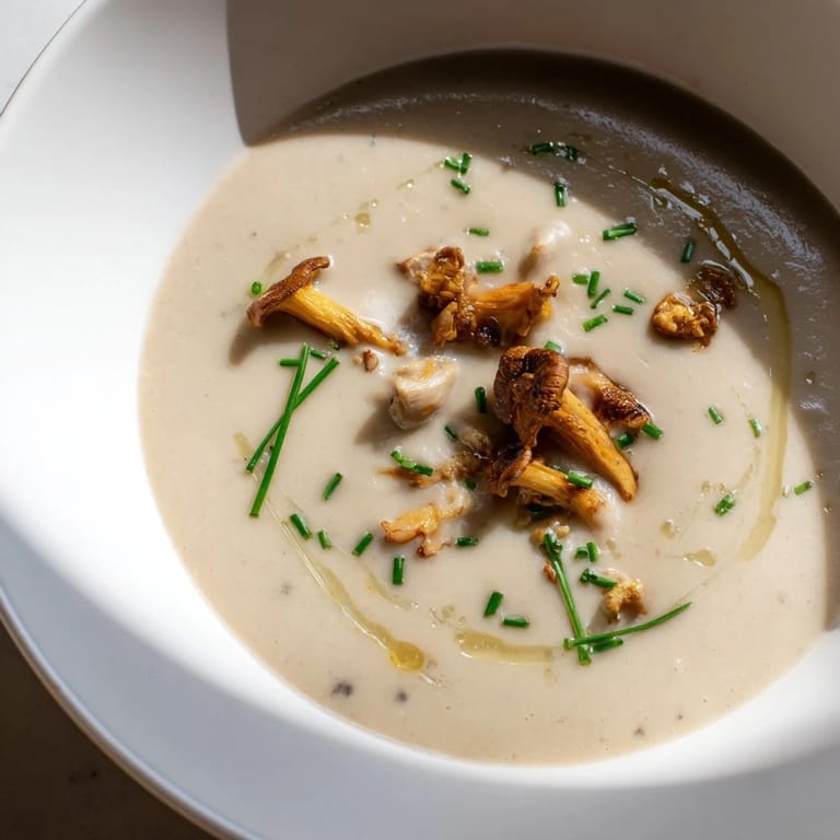 Warm, comforting Creamy Mushroom Bisque served with crusty bread, perfect for a cozy dinner.