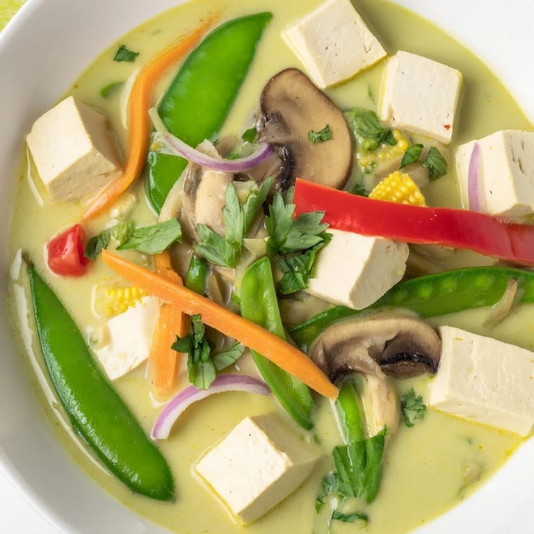 A creamy, flavorful Thai Green Curry Coconut Soup with tofu or chicken, perfect for a cozy dinner.