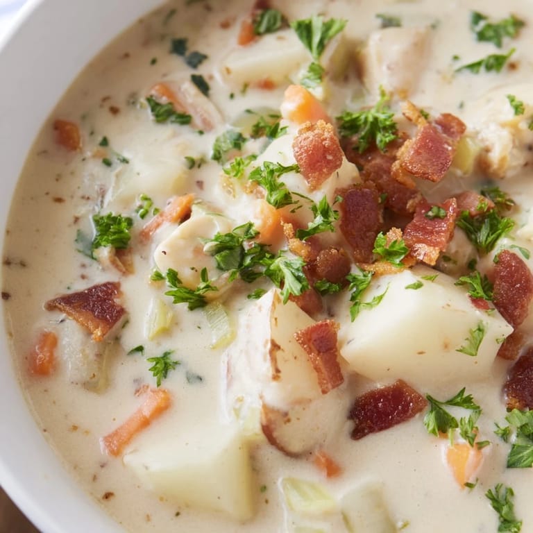 This steaming bowl of New England Clam Chowder shows off tender clams in a flavorful broth.