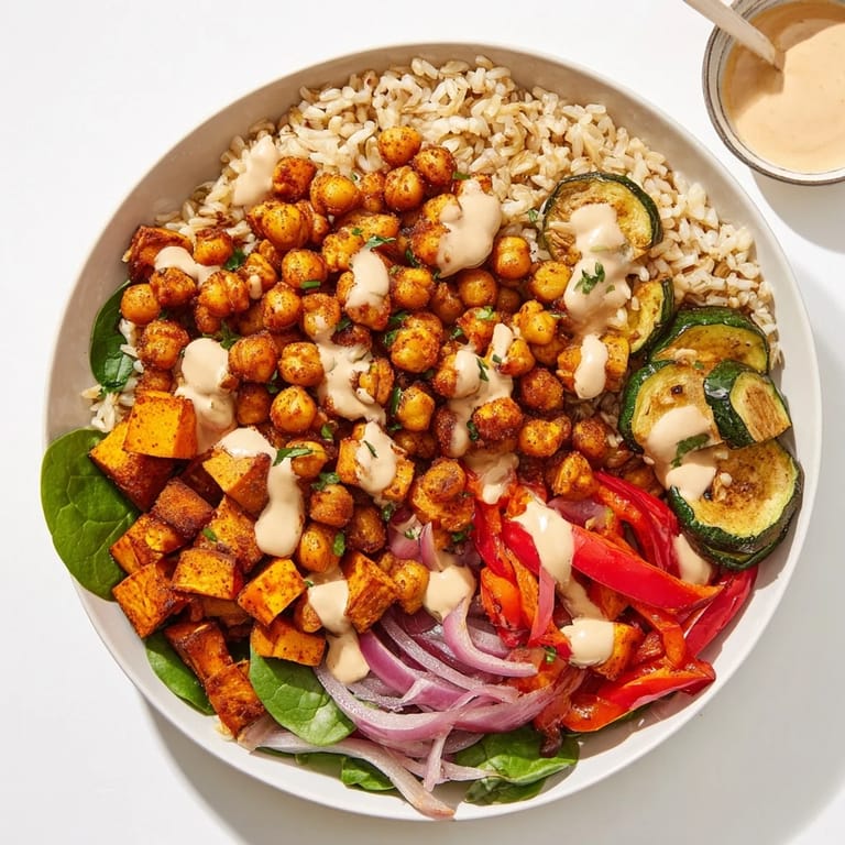 This Roasted Chickpea Buddha Bowl features fluffy rice, roasted vegetables, and a creamy sauce, a vibrant and satisfying vegan dinner.