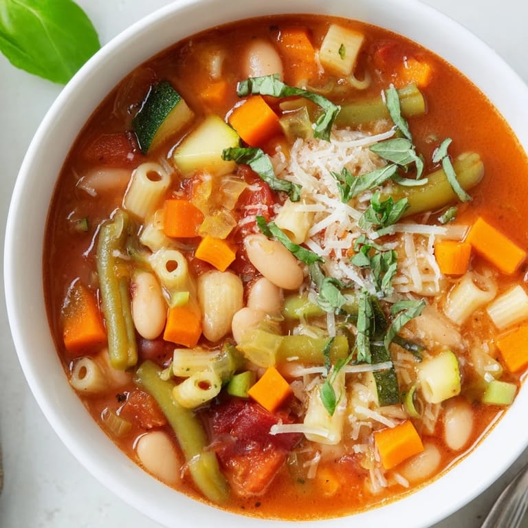 Fragrant Tomato Basil Minestrone, a comforting vegetarian soup garnished with fresh basil and Parmesan.
