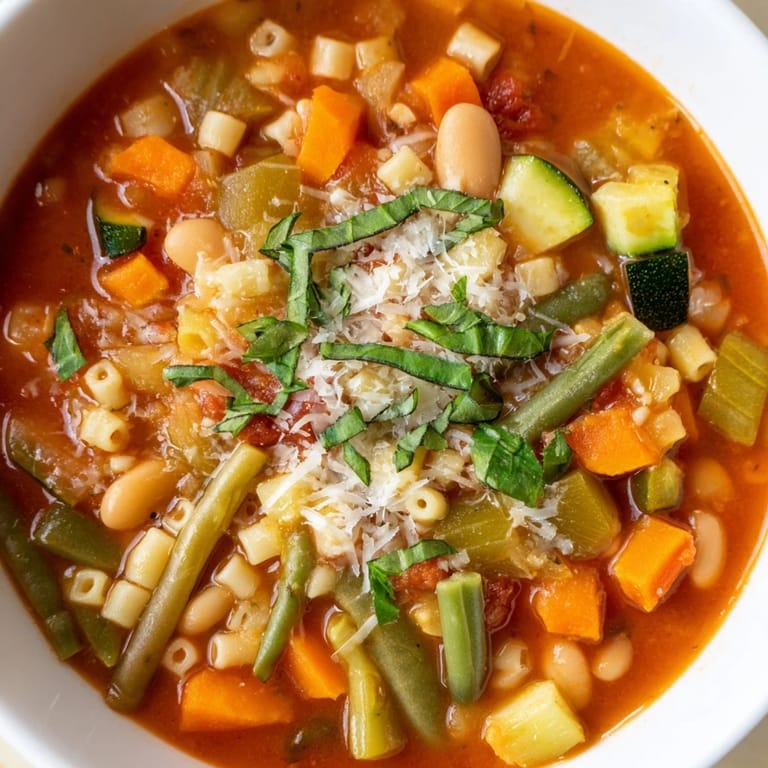 A close-up of a rustic Tomato Basil Minestrone, thick with vegetables and served in a bowl.