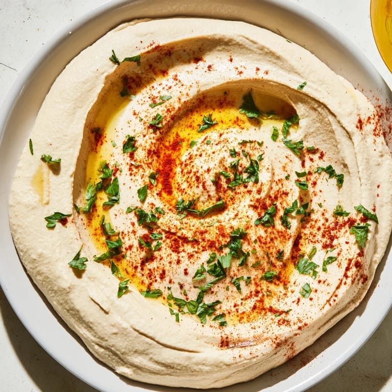 A vibrant Levantine hummus plate, garnished with paprika and parsley, perfect for a vegan appetizer.