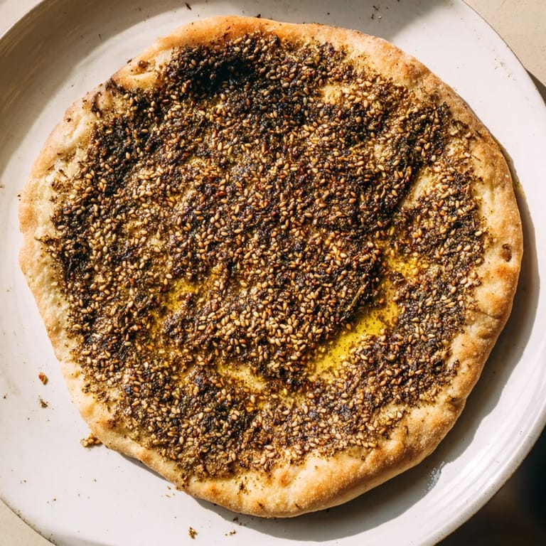 Enjoy warm Levantine zaatar bread, generously topped with zaatar and sesame seeds; a delightful snack.