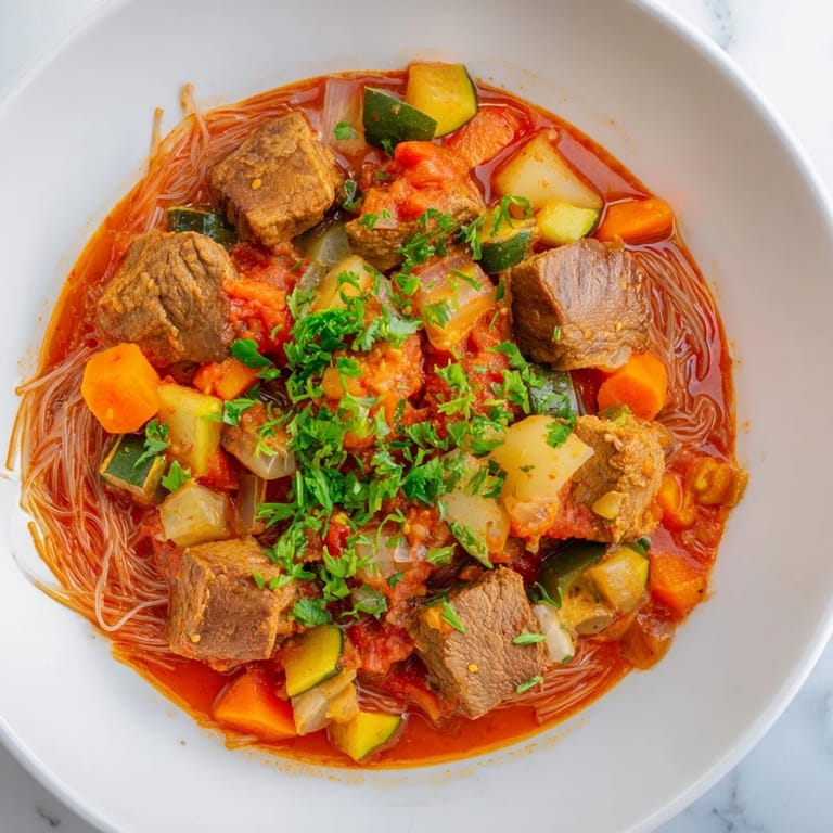 Fragrant Algerian Chorba, a hearty lamb soup garnished with fresh parsley and coriander.