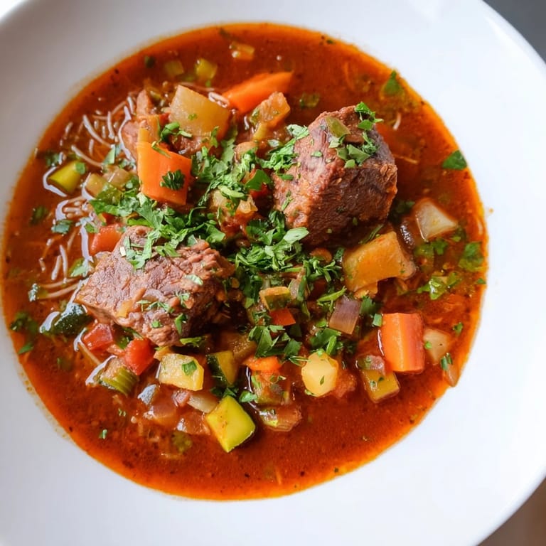 Close-up of Algerian Chorba, showing the rich broth and vibrant vegetables just served.