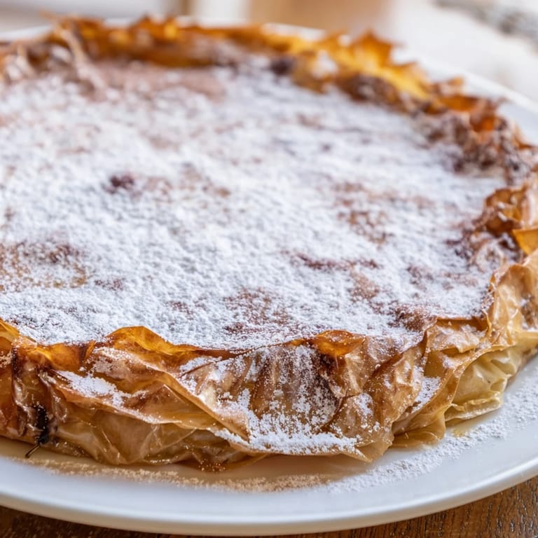 Aromatic, close-up view of the perfectly baked Moroccan Pastilla Pie dusted with cinnamon and sugar.