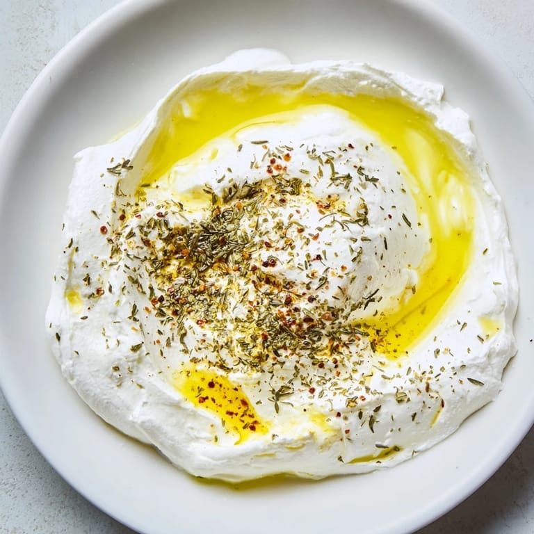 Homemade Levantine labneh, beautifully thick and tangy, perfect as a refreshing appetizer with fresh herbs.
