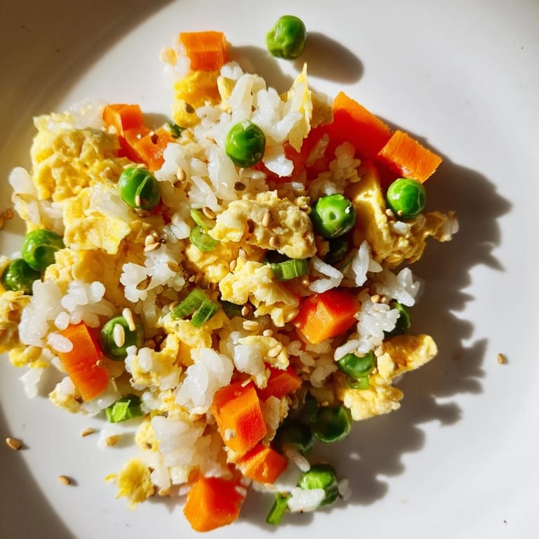 Quick homemade Egg Fried Rice sizzling in a wok, featuring peas, carrots, and tender egg ribbons.