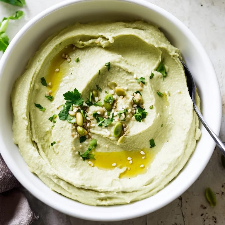 Bright, vibrant Edamame Hummus in a rustic bowl, topped with parsley and sesame, surrounded by crunchy pita chips and baby carrots for easy snacking.