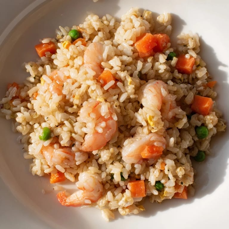 Colorful bowl of Shrimp Garlic Fried Rice topped with extra spring onions and a lime wedge, served for a quick weeknight meal.